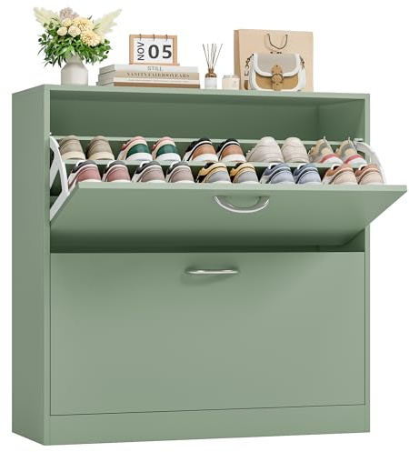 FirFurd Schuhschrank mit Schuhkipper für 12-24 Parre, Schuhregal platzsparend für Schuhaufbewahrung schmaler Schuhschrank 80cm breit für Diele, Flur, Eingang 108x80x23,5cm grün