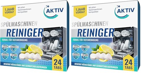 Aktiv 24x Spülmaschinenreiniger Tabs extra stark gegen Geruch & Kalk | Geschirrspüler Reiniger mit Formel für Tiefenreinigung | Hygiene Reinigung 1 Jahres Vorrat (Packung mit 2)