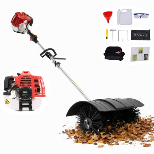 Wiefiche Benzin Kehrmaschine 2,3 PS 2-Takt, 52cm Breitbürste Benzinbetriebene Handkehrmaschine, Schneefräse, 8500 U/Min, Einstellbare Geschwindigkeit, Für Rasen Garten Hof Reinigung