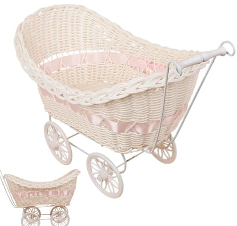 Deko-Kinderwagen im Landhausstil – Rustikaler Rattan-Optik Mittelpunkt für Hochzeiten, & Ostern – Vielseitiger Blumenkorb & Aufbewahrungswagen – 33x22x25cm (Rosa/Blau)