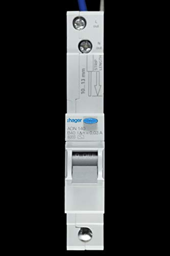 Hager ADN140 AC Class Domestic Electronic RCBO, 1 Pole, 1 Module, Type B, 6 kA Breaking Capacity, 30 mA Sensitivity, 40 A Current