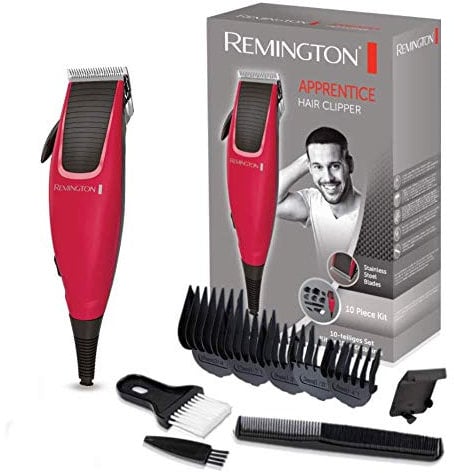 Remington Máquina de Cortar Pelo Apprentice, Cortapelos con Cable, 5 Peines, 4 Accesorios: Peine, Capuchón Protector Cuchilla, Cepillo Limpieza y Cuello - HC5018, Color Rojo/Negro, Talla Única