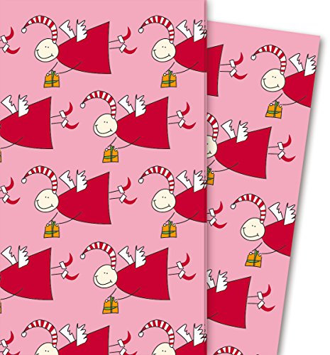 Lustiges Weihnachtspapier/Geschenkpapier mit vielen Engeln, rosa (4 Bögen, 32 x 48 cm) Dekorpapier, Papier zum Einpacken, für tolle Geschenk Verpackung und Überraschungen