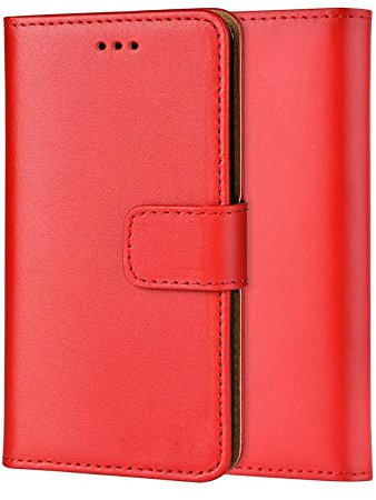 ameego MK-209 Premium Genuine iPhone X XS Real Leather Flip Wallet Magnetic Kickstand Slim Book Case with Card Slot (Red)