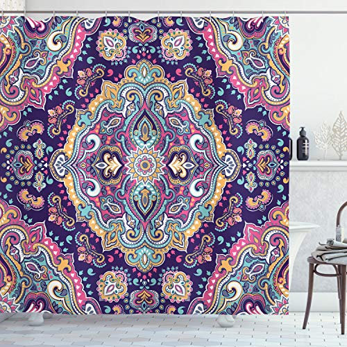 ABAKUHAUS Ethnisch Duschvorhang, Boho Bunte, Stoffliches Gewebe Badezimmerdekorationsset mit Haken, 175 x 180 cm, Lila Rosa Aqua