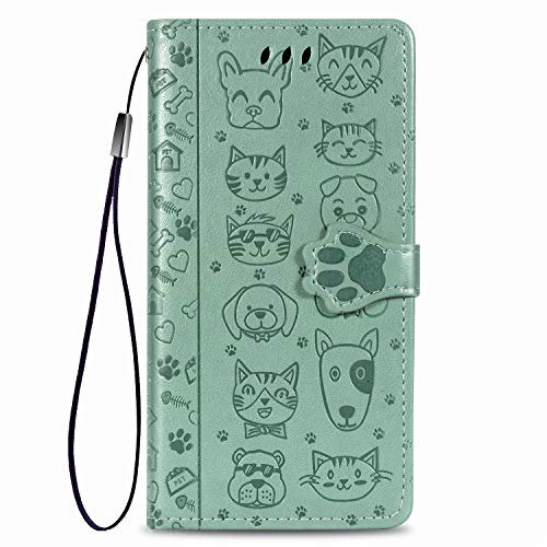 Fertuo Cover Huawei P Smart Z, Custodia Portafoglio a Libro in Pelle Flip Cover con Porta Carte, Chiusura Magnetica [Disegni di Gatto Cane] Case Antiurto per P Smart Z/Honor 9X, Verde