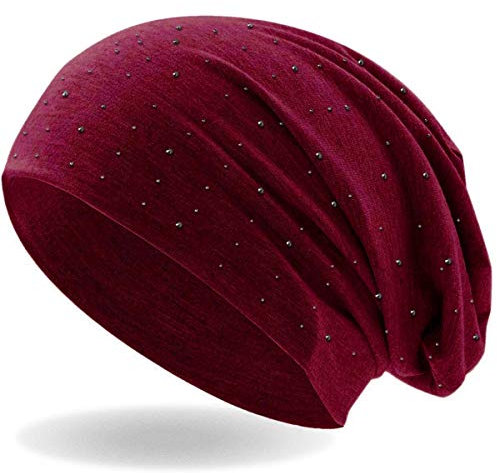 Hatstar Damen Beanie Mütze | mit edler Strass Nieten Applikation | Mädchen Mütze | elastisches Slouch Long Beanie | leicht und weich (dunkelrot)