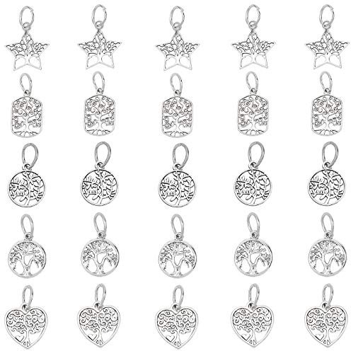 PH PandaHall 25pz 5 Stili Ciondoli Albero della Vita Argento Ciondoli Piccolo Albero a Forma di Cuore Stella Tondo per Bomboniere Battesimo Matrimonio Confetti Regalo Gioielli Collana Fai Da Te