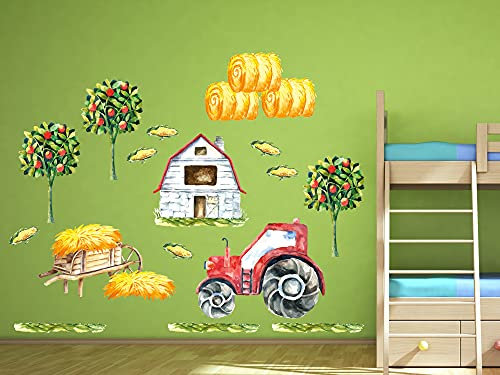 GRAZDesign Wandtattoo Trecker Kinderzimmer Junge | Traktor rot Bauernhof Bäume Stroh | Wandsticker Babyzimmer | Wand Deko zum Aufkleben | selbstklebend 100x57cm