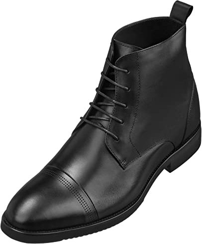 CALTO - Scarpe da uomo invisibili per ascensore, Scarponi, Stivali Alti, altezza crescente, in pelle, con lacci e punta, 6,8 cm, nero, 40 EU