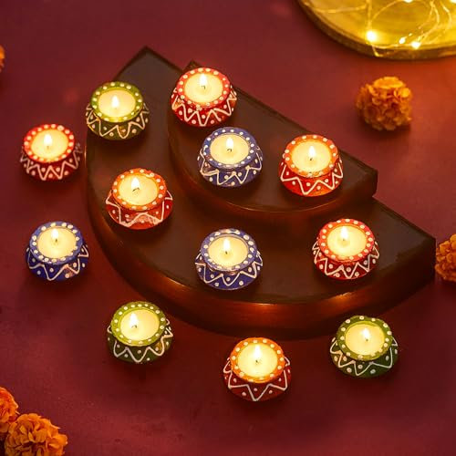 TIED RIBBONS 12 pcs Handmade Clay Diya for Diwali, Wax Filled, Traditional Homemade Diyas Tealight, Indian Oil Lamp, Diwali Decorations for House, Terracotta Diyas, Matki Diya, Diwali Diya Gifts