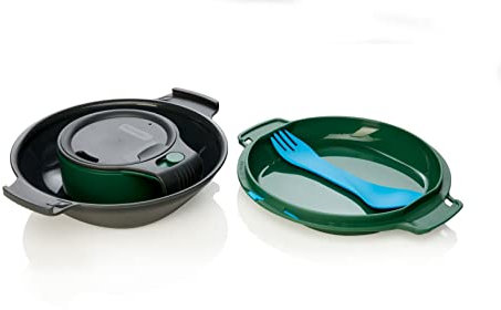 GoKit Deluxe | Travel Mess Kit | 7-Tool Portable Bowl, Plate, Spork | Camping Utensils, Charcoal/Green