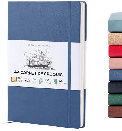 Beechmore Books A4 Sketchbook – 8.5x11 Premium Vegan Leather Bound Large Sketch Book Hardcover With 156 Thick 160gsm Perforated Ivory Pages, Blank Sketch Pad, Gift Boxed, Back Pocket, Ribbon Bookmark