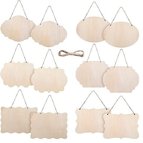 12 Stück Unfertiges Blanko Holzschild, Rechteckiges Hängendes Holzschild, Hängendes Holzschild mit Seil, Geeignet für Türschilder(Sechs Formen)