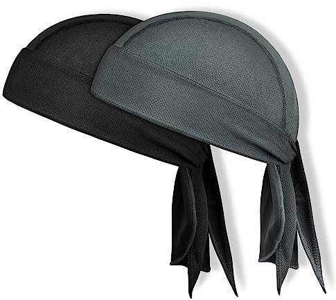 AMFUN Sports Bandana Cap, 2 Stück Sommer Sport Kopftuch Atmungsaktiv, Einstellbar Fahrrad Kopfbedeckung Quick-Dry Pirat Kopftuch, Outdoor UV Schutz Mütze für Herrem Damen (Schwarz+Dunkelgrau)