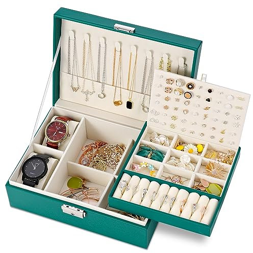 E-MANIS Schmuckkästchen für Damen, Schmuckkästchen mit 2 Schichten, abschließbar mit Schlüssel, Schmuckkästchen aus Leder, wasserdicht, Schmuckkästchen für Mädchen, zur Aufbewahrung von Ringen,