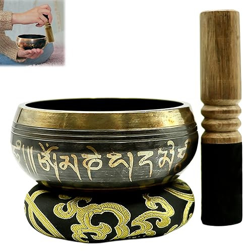 VVR YOYIAG Tibetan Singing Bowl Set: Meditation Sound Bowl, Handcrafted with Packing Box, Silk Cushion, Mallet, 8 cm, Metallic