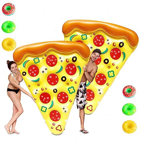 JUNZAI WasserhäNgematte Erwachsene, Pizza Wasser HäNgematte, Mit 3/6 GeträNkehaltern Luftmatratze Wasser Erwachsene FüR Kinder Und Erwachsene,2PCS