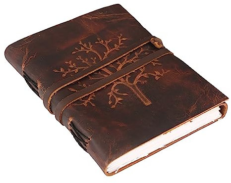 ANANYOM Handmade Leather Journal, Reddish Brown, Soft Buff Leather Tree Of Life Notebook Diary, S Embossed journal for Men & Women, Office Journal Handmade Unruled 200 Pages, Size 8 (L) x 6 (W) inches