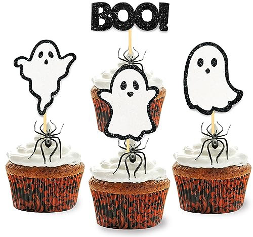 24 Stück Glitzer Halloween Cupcake Topper, Geist Kuchendeko, Baby Shower Tortendeko für Party, Babyparty, Geschlecht Verkünden, Schwangerschaft Dekoration (Schwarz)