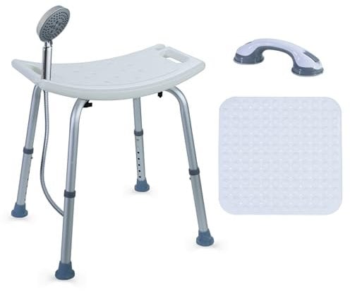 CCLIFE Duschhocker für Senioren mit rutschfeste Matte Saugnapf-Handlauf 120kg Höhenverstellbar Aluminium Duschstuhl Anti-Rutsch 40-54 cm