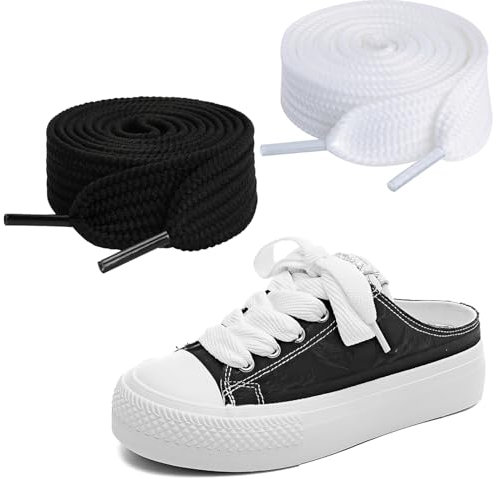 2 Paia di Lacci, Lacci Scarpe Piatti Larghi 20 mm, 120 CM Stringhe Scarpe Ricambio, Stringhe Larghe per Scarpe Sportive, Scarponcini, per Adulti e Bambini - Bianco + Nero