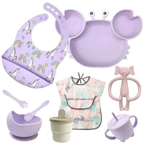 ASENME Assiette en silicone, service de table 9 pièces avec ventouses Vaisselle pour enfants en silicone (Violet)