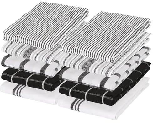 Nicola Spring 10pc Monochrome 70cm x 50cm 100% Cotton Tea Towels Set - Absorbent Home Kitchen Catering Oven Glass Dish Cloth Hand Towels