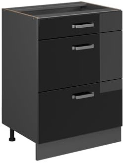 Vicco Küchenunterschrank R-Line, Schwarz Hochglanz/Anthrazit, 60 cm mit Schubladen, AP Anthrazit
