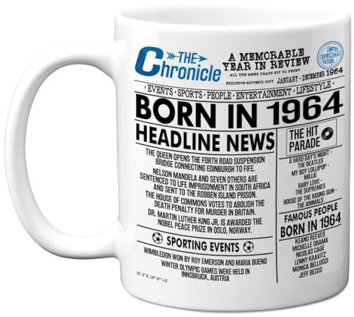 Stuff4 61st Birthday Mug Gift for Men Women - Born in 1964 Newspaper - Happy 61 Birthday Gifts for Grandad Grandma Nan Vintage Retro Back in 1964 Age Sixty-One Bday, 11oz Ceramic Coffee Mugs