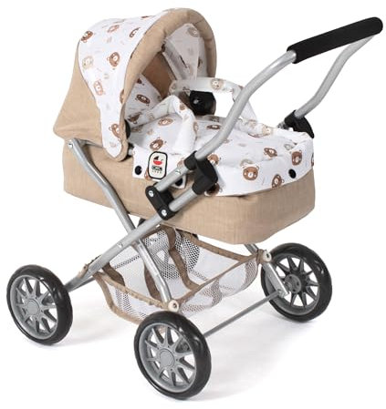 Bayer Chic 2000® Puppenwagen Smarty – Bärchen Beige – Zusammenklappbar – Mit Verdeck, Tasche, Kissen & Decke – Griffhöhe 56 cm – Für Kinder ab 2 Jahren,