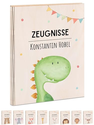 wunderwunsch® - Personalisierte Zeugnismappe aus Holz mit hochwertigem Spezial-Druck - Einschulung Geschenk - Zeugnismappe Jungen & Zeugnismappe Mädchen (Dino Girlande)