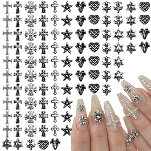 100 PCS Cross Shape Vintage Nail Art Charms, Gold Nail Charms 3D Nail Art Accessories Metal Punk Nail Jewelry Chrome Hearts Nail Decoration for Women Girl DIY Nail Art Decor
