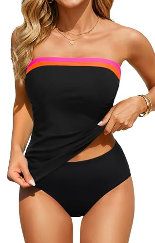 Aqua Eve Bandeau Swimsuits for Women Two Piece Bathing Suits Ruched Tummy Control Tankini Sets Strapless Swimwear, Black and Pink Orange Patchwork, XL
