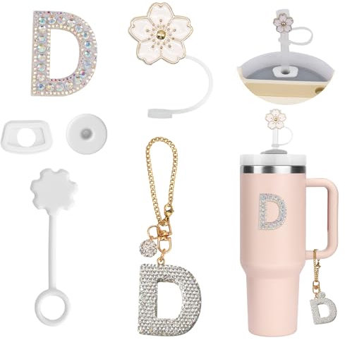 6PCS Personalisierte Tumbler Zubehör für Stanley Cup,Stroh Cover,Initialen Dekorationen für Tumbler,Buchstaben Aufkleber,Buchstaben Charm und Leck Stopper für Stanley Cup (D)