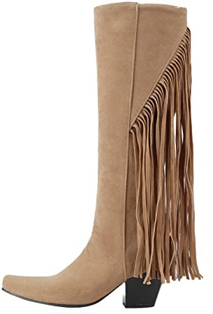 Generico Stivali Alti Donna Pelle Biker Donna Stivaletti Stivali da Donna alla con Tacco, Punta Quadrata, Tinta Unita, con Frange sul, Stivali Alti Stivaletti Primaverili Donna Dottor (Beige, 40)