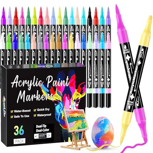 Dictien 36 Couleurs Feutres Acrylique Coloriage Adulte,Feutre Peinture Acrylique, Séchage Rapide & Anti-Taches, Non Toxiques & Sans Odeur, Pour Pierre/Bois/Verre/Tissu | Artistes & Bricoleurs
