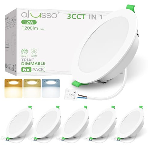 ALUSSO LED Einbaustrahler 230V Dimmbar Spots Flach 12W 1200LM 3CCT Warmweiß Neutralweiß Kaltweiß IP44 Einbauleuchten Deckenspots Einbauspots Deckenstrahler für Badezimmer Küche Wohnzimmer, 6er Set