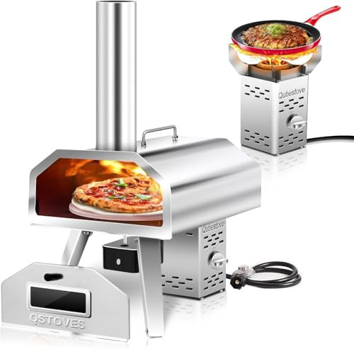 Q-Stoves 16in 2-in-1 Outdoor Pizza Oven with Auto Rotating Pizza Stone, Portable,Removable Top for Use as a Separate Heater or Stovetop (16in +Gas)