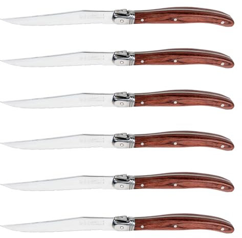Couteaux à steak à bordure serrated, tranchants,sûrs, lavables dans la machine à laver la vaisselle, ensemble de 6 couverts en acier inoxydable avec manches en bois, avec boîte cadeau