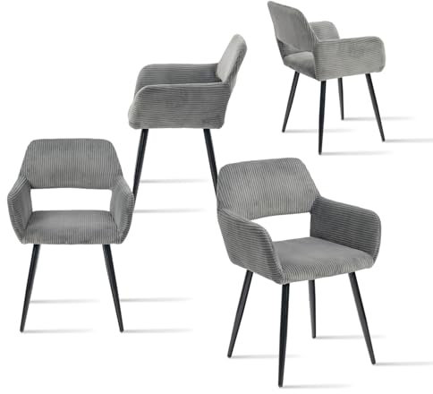 MEUBLE COSY Esszimmerstuhl 4er Set Küchenstuhl Polsterstuhl Wohnzimmerstuhl Sessel mit Armlehne, Sitzfläche aus Cordstoff, Metallbeine, Grau