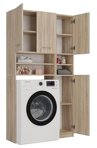 BDW - Set di mobili da bagno - Scaffale e mobile per lavatrice con ripiano - 180x96x30 cm - Spazioso set da bagno, in robusto pannello laminato - Rovere Sonoma