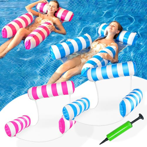 Qcdou Luftmatratze Pool, 2 PCS Wasser Hängematte, 4-in-1 Lounge Sessel, Luftmatratze mit Netz, Schwimmmatratze, Strandliege Aufblasbar Geeignet für Schwimmbad, Strand, Sommerparty(Blau/Rosa)
