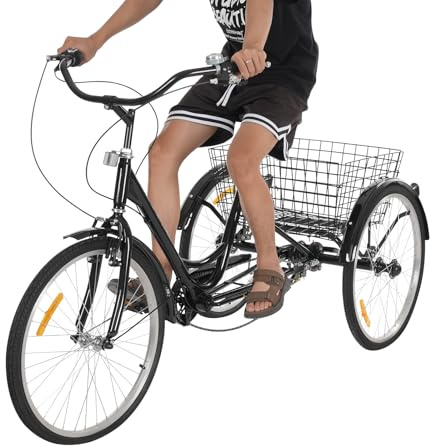 OUKANING Dreirad Für Erwachsene 24 Zoll Für 120kg 1.6-1.8m, 7 Gänge Erwachsene Dreirad, Einstellbare, Kohlenstoffstahl, V-Bremse Vorne, Haltebremse Hinten (Schwarz)