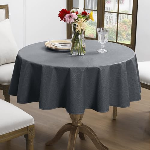 Romanstile Wachstuchtischdecke rund 140 cm mit Saum Leinenoptik Anthrazit Outdoor Tischdecke wetterfest wasserdicht abwischbar Gartentischdecke Table Cloth für Draußen,Balkon,Couchtisch,Terrasse