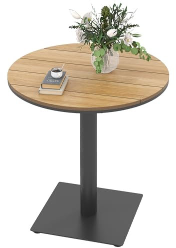Outsunny Gartentisch Ø70 cm, Wetterfest Rund Balkontisch mit Lamelldesign, Stahl Esstisch Outdoor, Campingtisch Beistelltisch, Terrassentisch für Garten Terrasse Balkon Naturholz