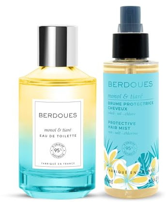 BERDOUES - Brume parfumée protectrice cheveux + Eau de toilette Monoï et Tiaré. Huile de coco et monoï. Parfum femme, 95% d'origine naturelle. Made in France, Vegan. 100ml