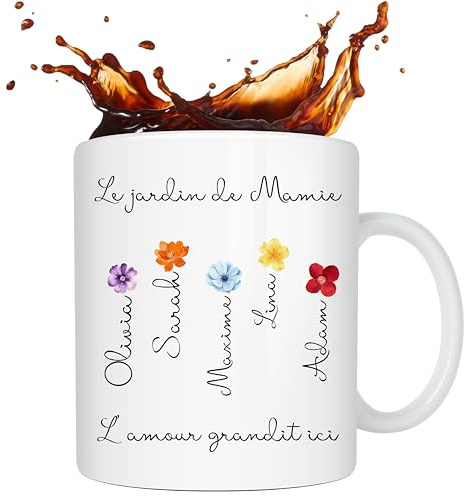 Jassimino Mug Jardin de Mamie Personnalisé avec Prénoms des Petits-Enfants – Cadeau Unique Grand-Mère, Tasse Fête des Grands-Mères, Idée Cadeau Famille et Anniversaire