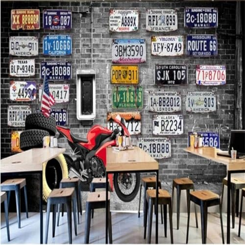 XLMING Retro Backsteinmauer Motorrad Reifen Nummernschild Graffiti 3D Tapeten Tapete Seidigkeit Home Esszimmer Möbel Sofa Schlafzimmer Wohnzimmer TV Hintergrund-430cm×300cm
