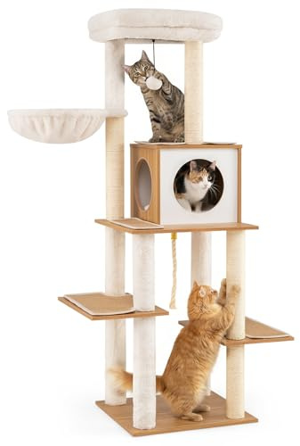 COSTWAY Arbre à Chat XXL 148 cm, Corde et Poteaux à Griffer en Sisal, Plateformes, Condo, Panier, Arbre a Chat Maine Coon, Tapis Coussins Amovibles, Pompon, Chaque Couche Charge 15kg (148 cm,Naturel)